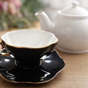 Grace Tea Ware Black & Gold Teacup & Saucer Set Scalloped Edges Dishwasher Safe